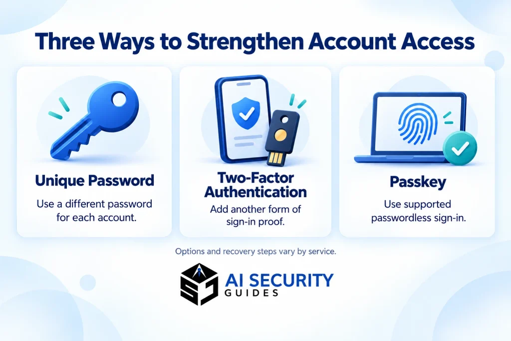Three cards explaining unique passwords, two-factor authentication and passkeys.