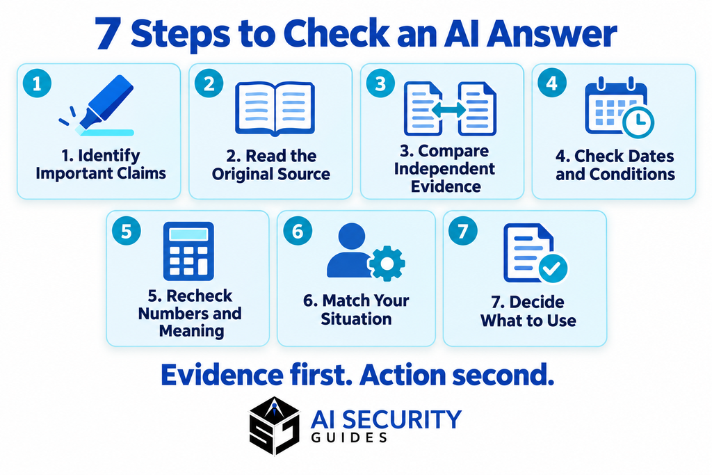 How to check an AI answer in seven steps, covering claims, original sources, independent evidence, dates, numbers, context and decisions.