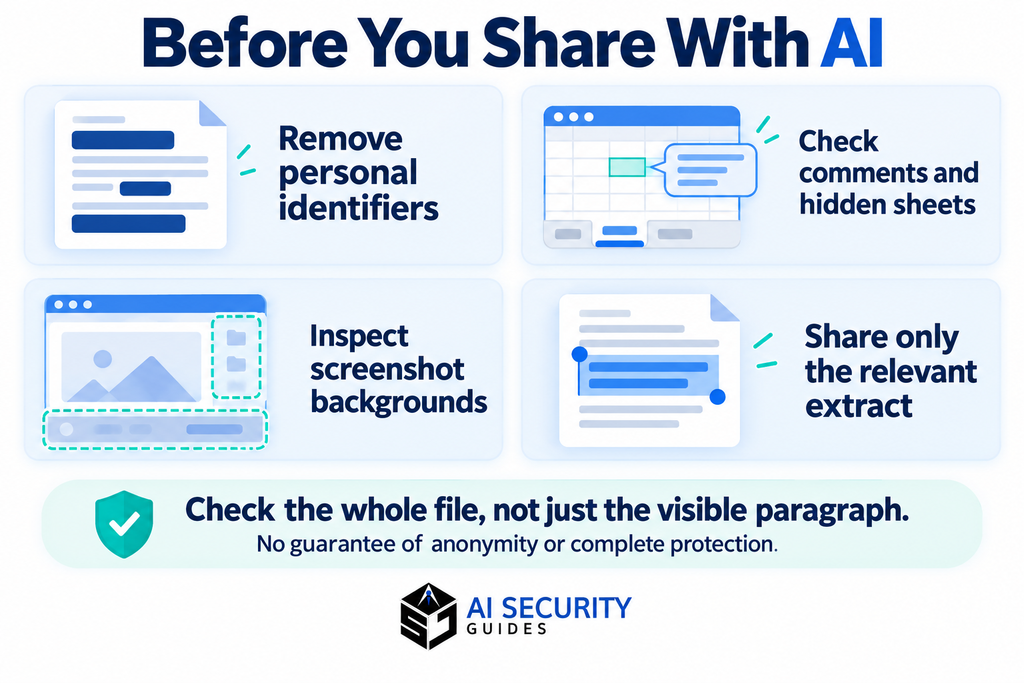 AI safety checklist showing four checks for personal identifiers, hidden file content, screenshot backgrounds and relevant extracts.