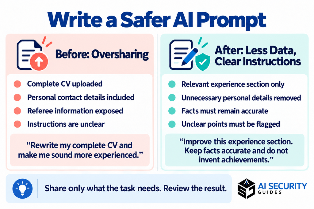 Write a safer AI prompt infographic comparing an overshared complete CV with a limited, clearly instructed experience-section prompt.Write a safer AI prompt infographic comparing an overshared complete CV with a limited, clearly instructed experience-section prompt.