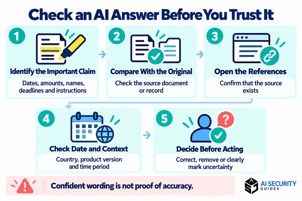 Five steps to check an AI answer: identify claims, compare originals, open references, check context and review before acting.