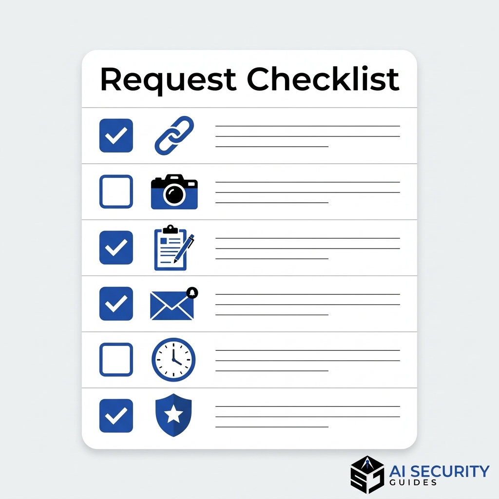Checklist graphic for a Google removal request, covering URLs, screenshots, and follow-up