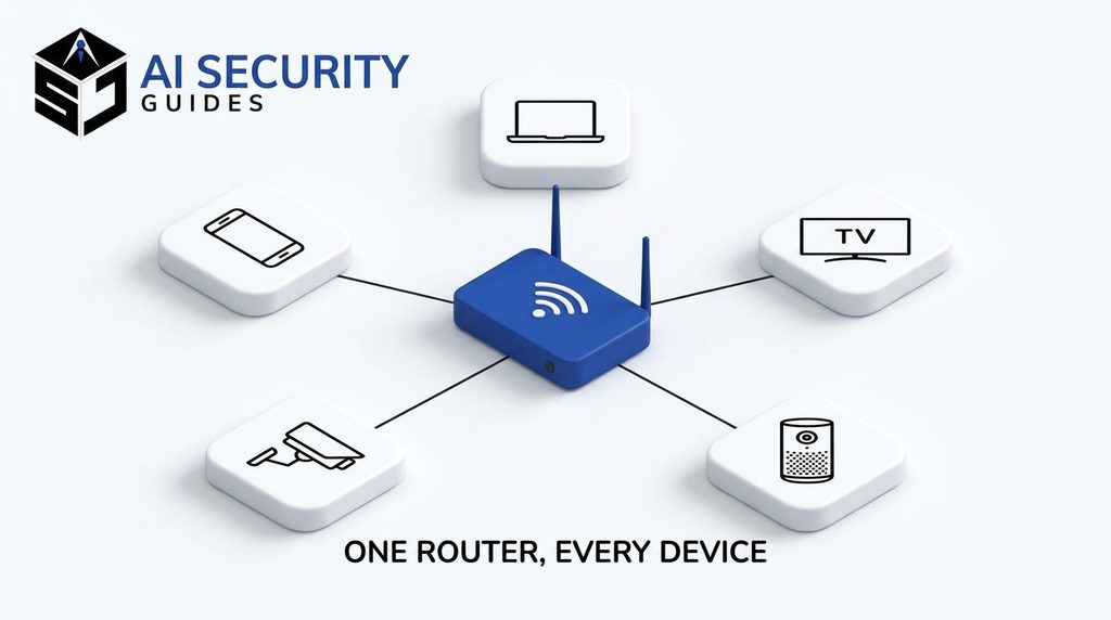 Diagram showing a secure home Wi-Fi router connecting multiple smart devices including phone, laptop, TV, camera, and speaker.