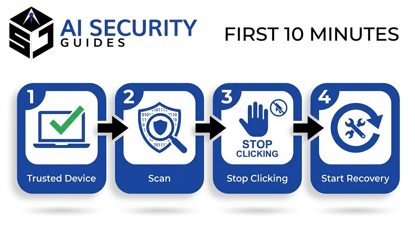 Four-step process flow showing what to do in the first ten minutes after a hacked email