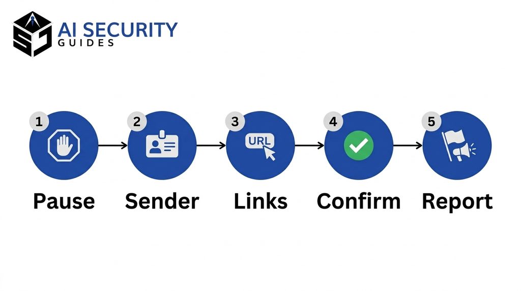 Five-step process to verify AI phishing emails polished to look real: pause, sender, links, confirm, report