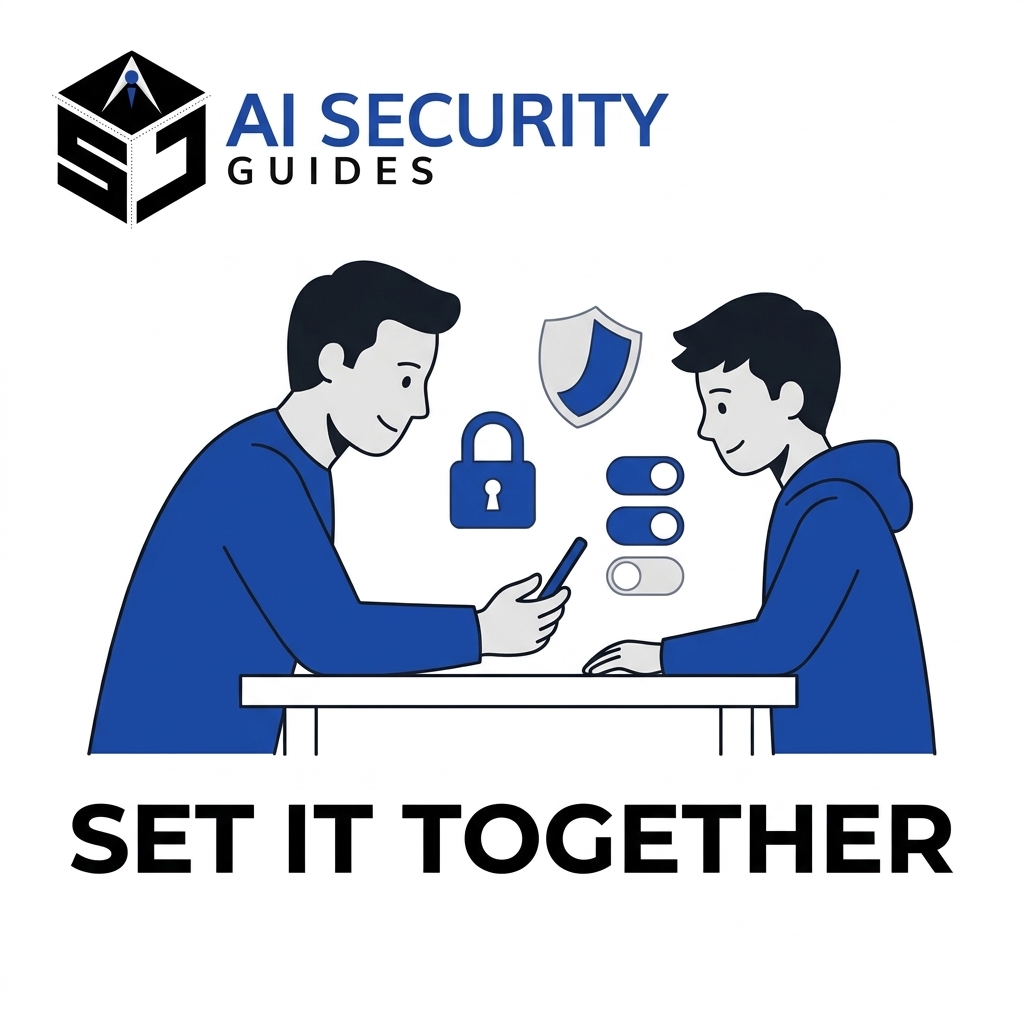 Illustrated parent and teen reviewing phone privacy toggles together at a table