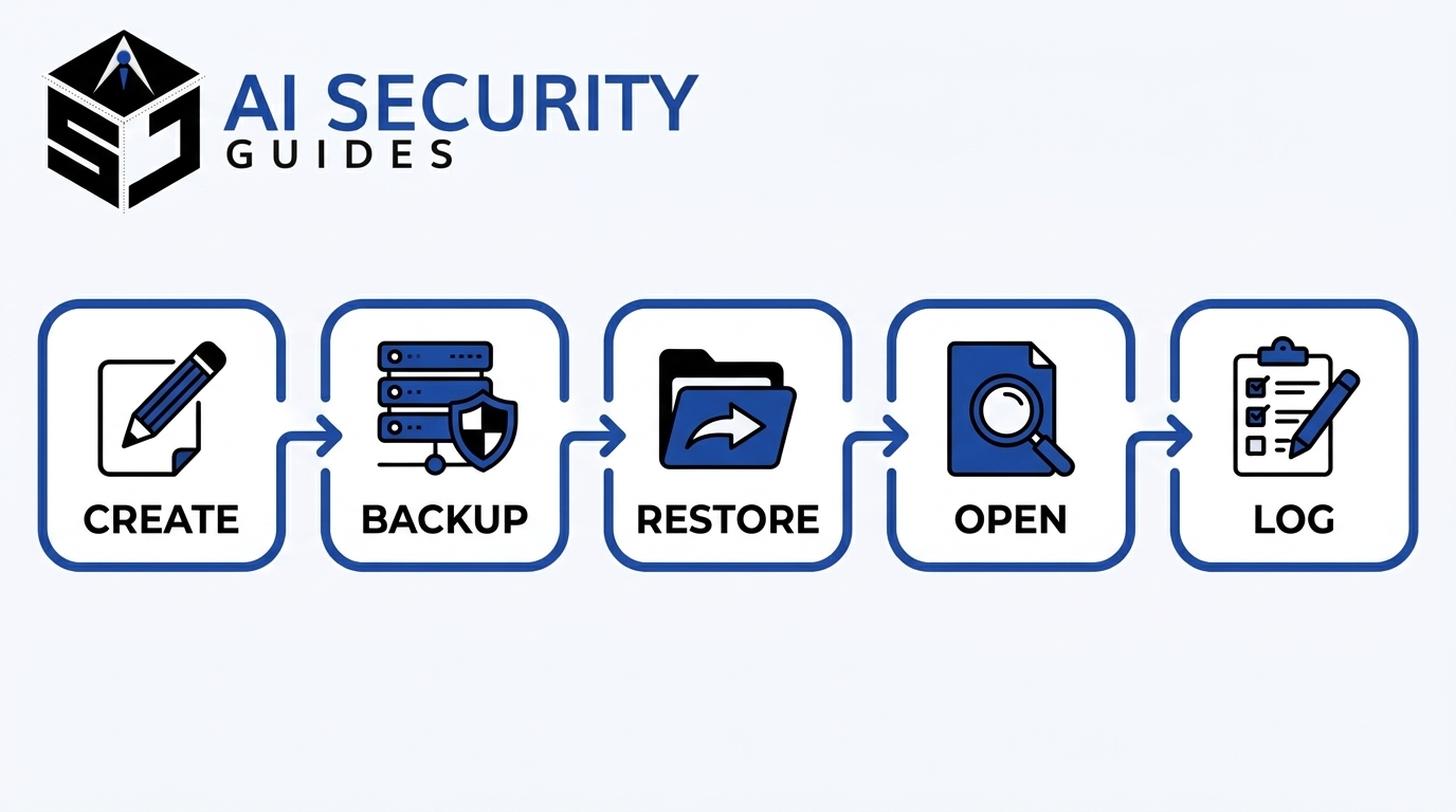 Process flow for a test backup restore from creating a test file to opening the restored copy