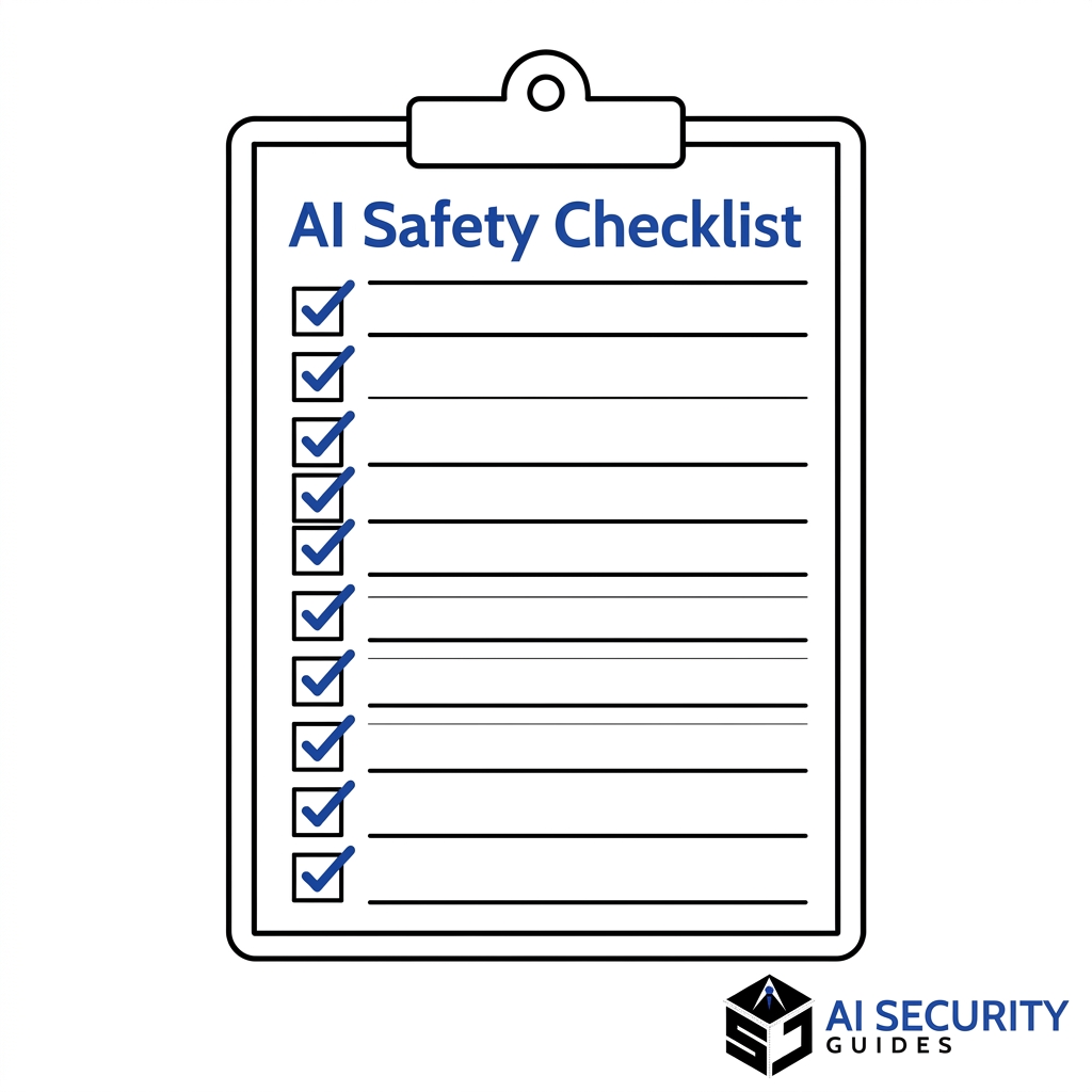 Square checklist graphic with ten practical checks for safer everyday AI tool use