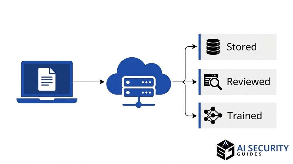 AI workplace data privacy diagram showing how a pasted document travels from your laptop to AI servers