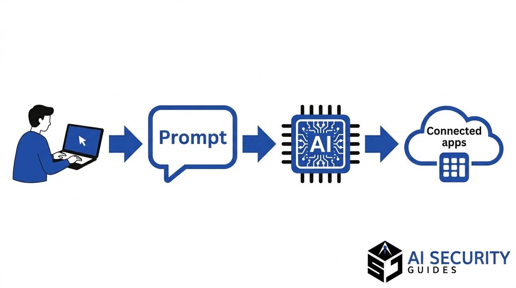 AI security for beginners diagram linking your prompt, the AI tool, connected apps, and your personal data