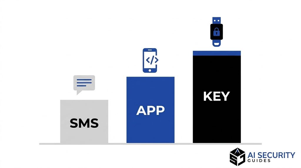 Comparison of text message codes, authenticator apps and security keys by protection level