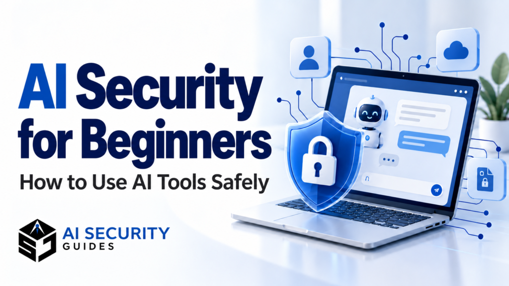 AI security for beginners illustration showing an AI chatbot on a laptop behind a blue shield and padlock.