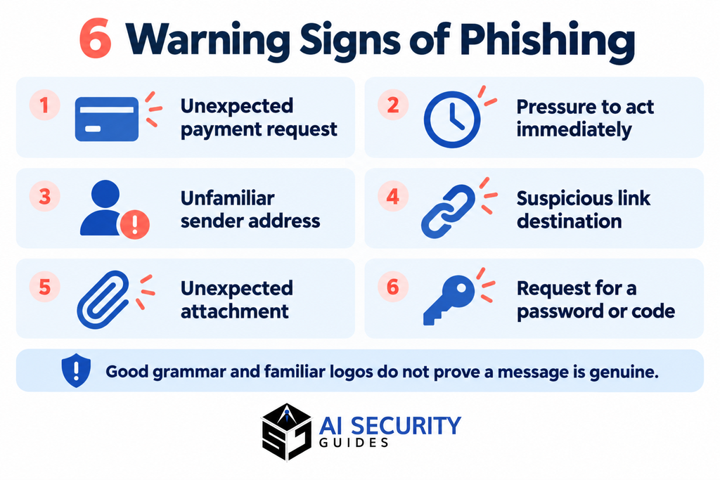 What is phishing? Six warning signs illustrated with payment, clock, sender, link, attachment and key icons.